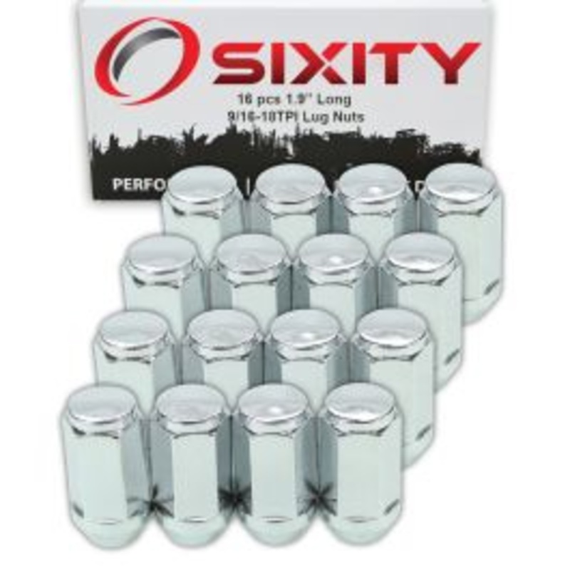 16 pc Sixity Chrome Bulge Acorn Wheel Lug Nuts - 9/16-18tpi 1.9" Long - Capped Closed End